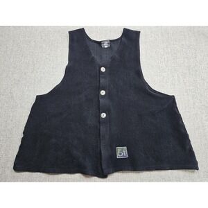 Blue Fish Clothing Sweater Vest Womens Size 1 Black Fleece Button Logo Relaxed‎